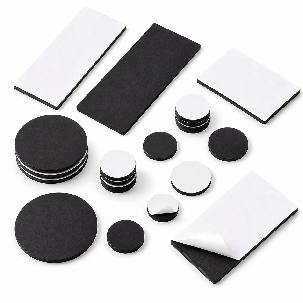 Rubber magnet sheets strips and discs with adhesive backing